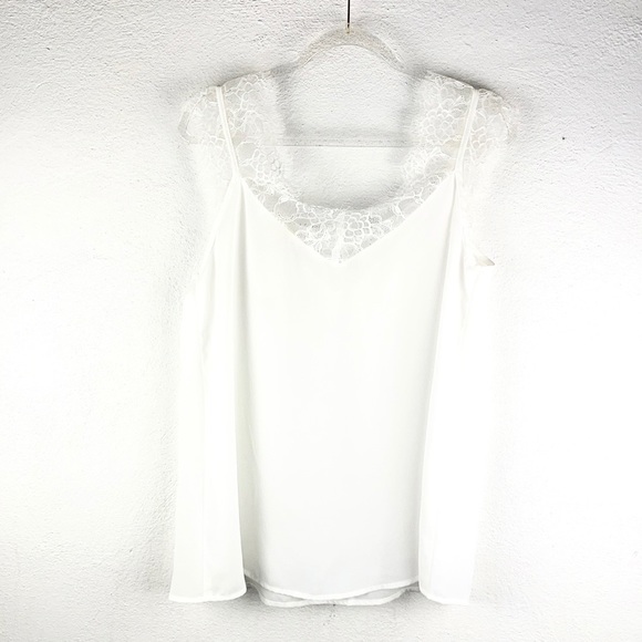 MAGNOLIA | 🤍 White Lace Trim Sheer Sleeveless V-Neck Sexy Blouse Tank Top - Picture 2 of 7